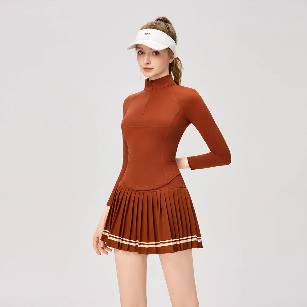 Women's yoga Top autumn winter zipper long-sleeved T-shirt + sports skirt with pocket golf tennis skirt set outdoor fitness set - Image 2
