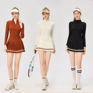 Women's yoga Top autumn winter zipper long-sleeved T-shirt + sports skirt with pocket golf tennis skirt set outdoor fitness set